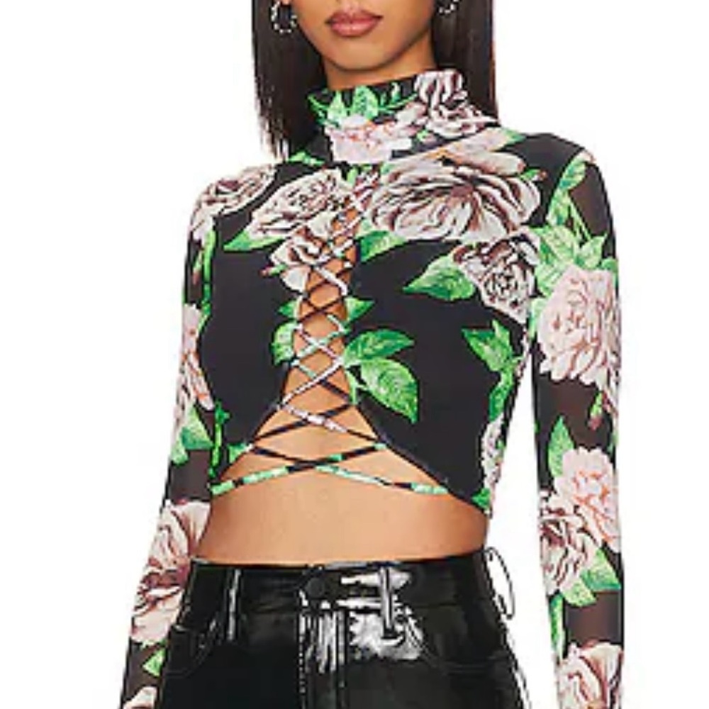 AFRM Black and White Long Sleeve Crop Blouse with Cut Out